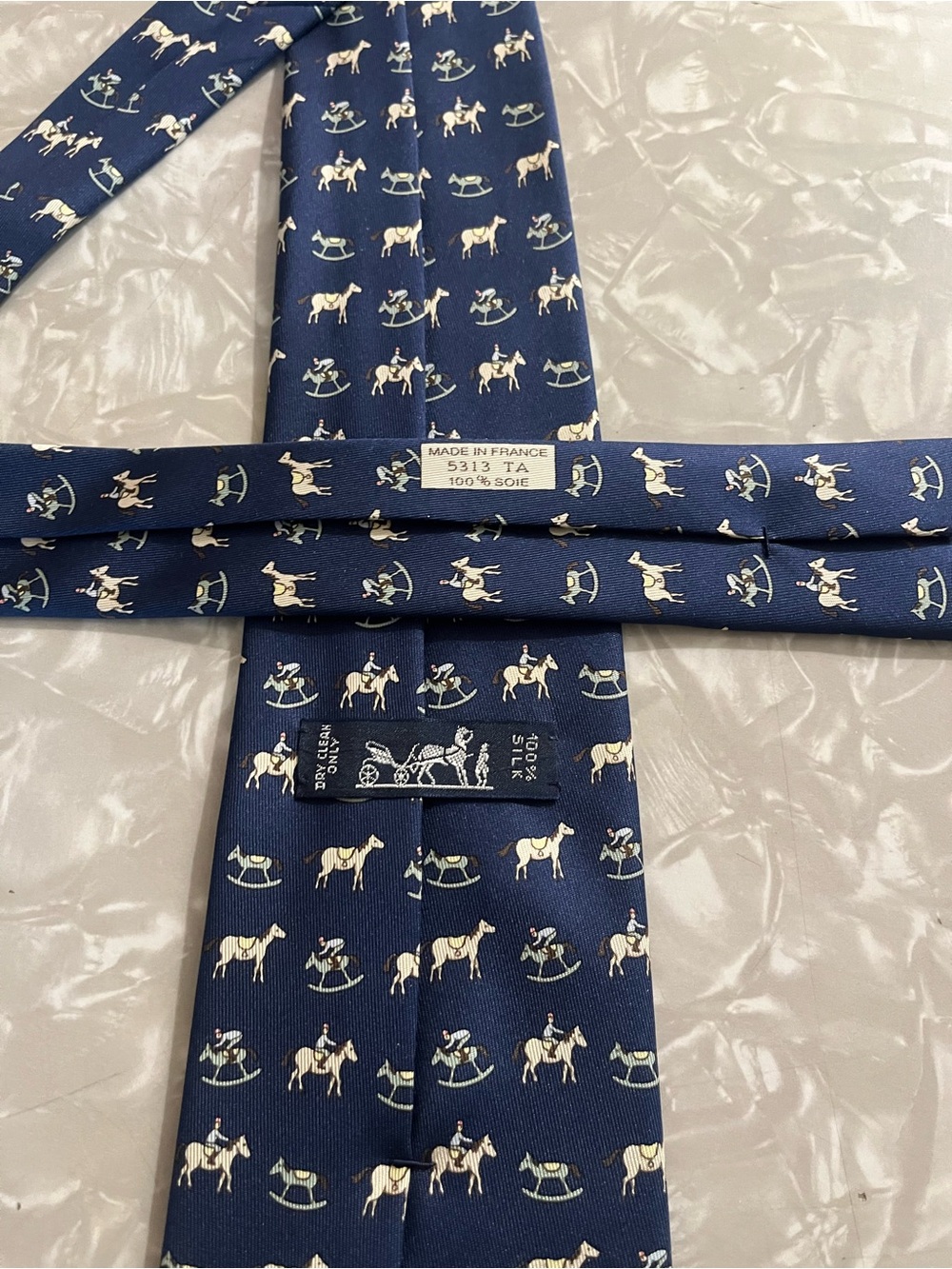 Hermes 100% Silk Navy Blue Tie With Horse Pattern 5313 TA - Picture 5 of 5